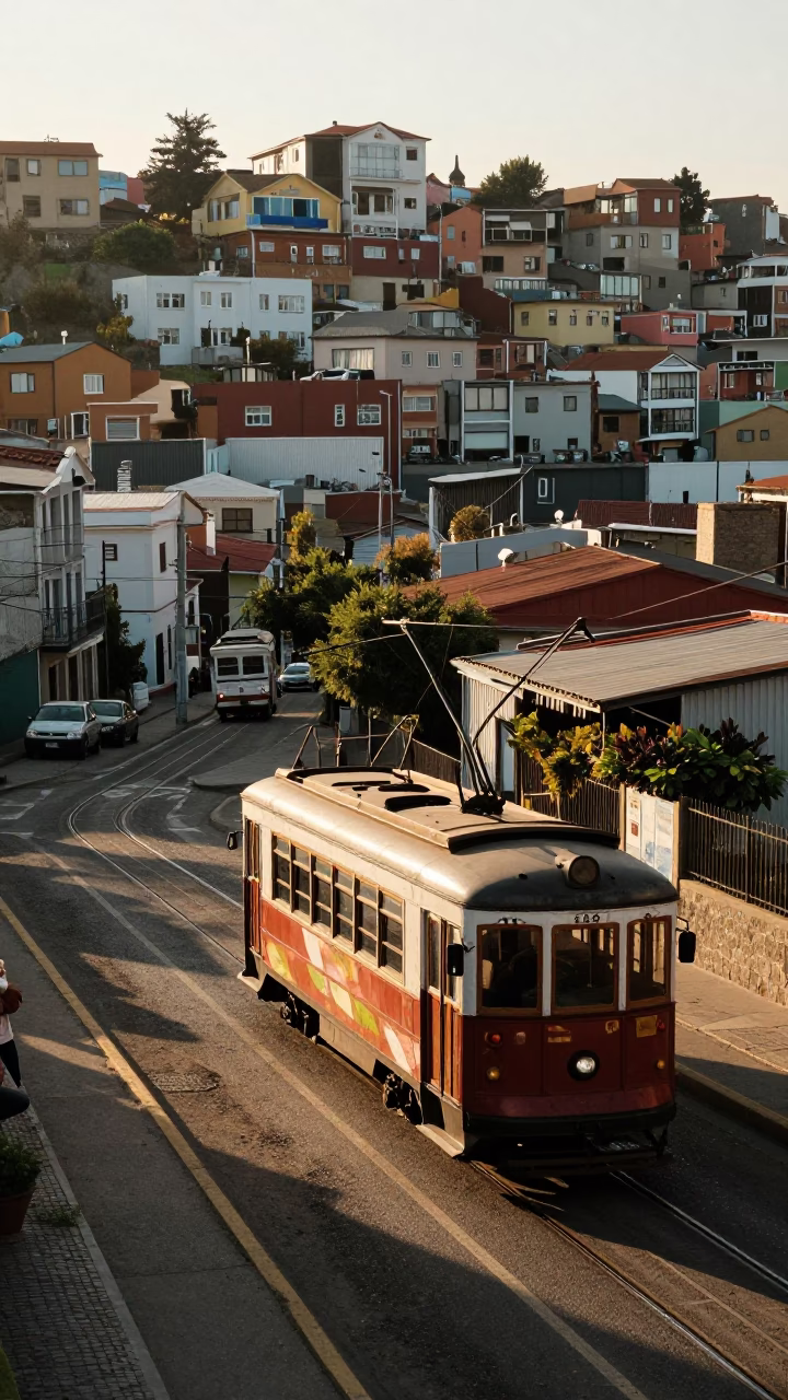 Late Morning Sunlight on Valparaiso Chile Street with Tram and Local Life in in Valparaiso, Chile