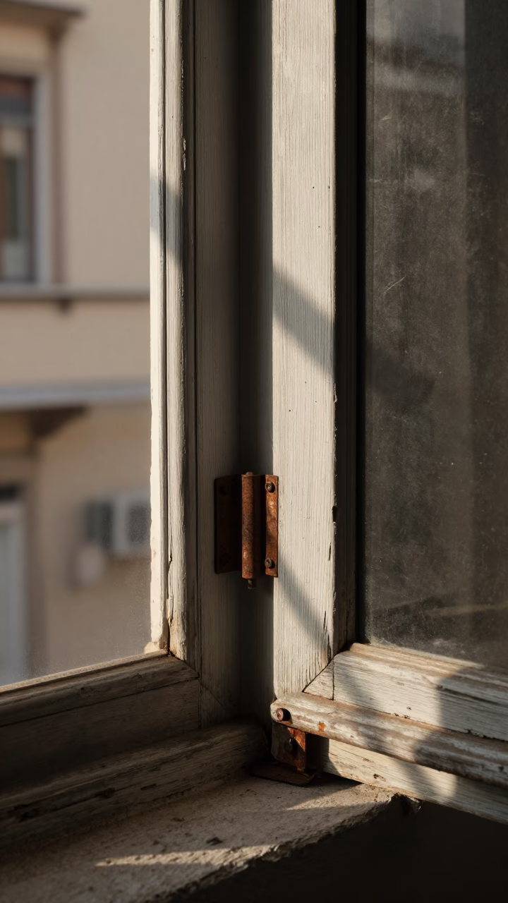 Late Morning Sunlight on Weathered Window Hinge in Traditional Athens Greek Architecture in in Athens, Greece
