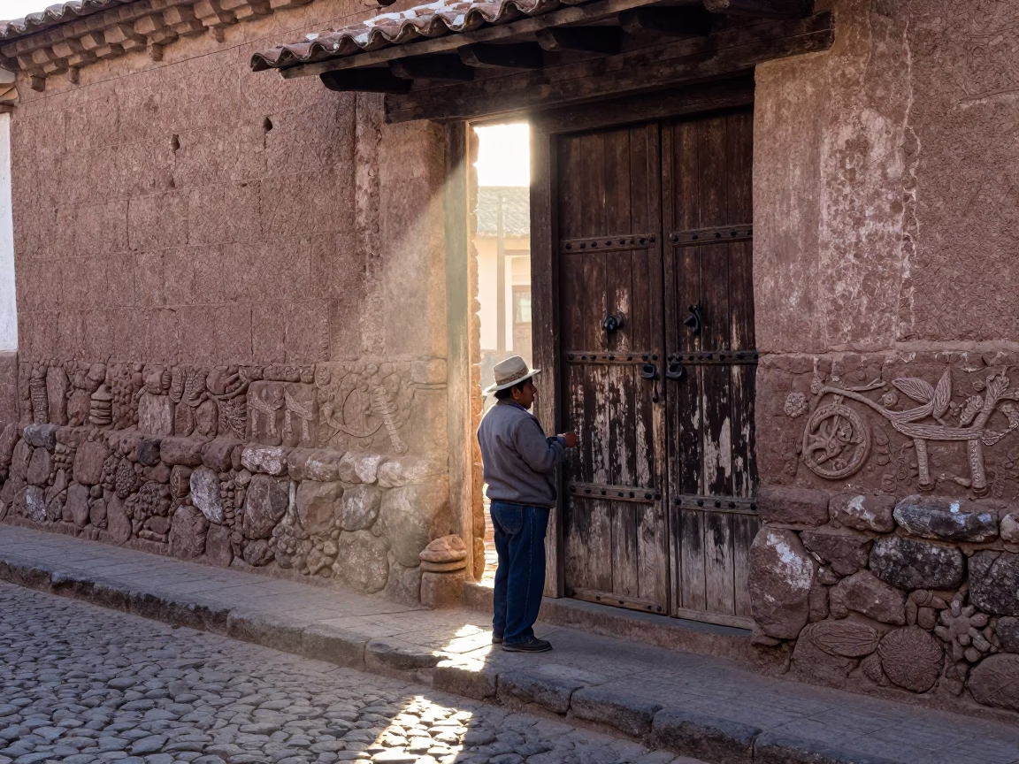 Late Morning Sunlight Streaming Through Wooden Slats in a Traditional Cusco Peru Stone Alleyway in in Cusco, Peru