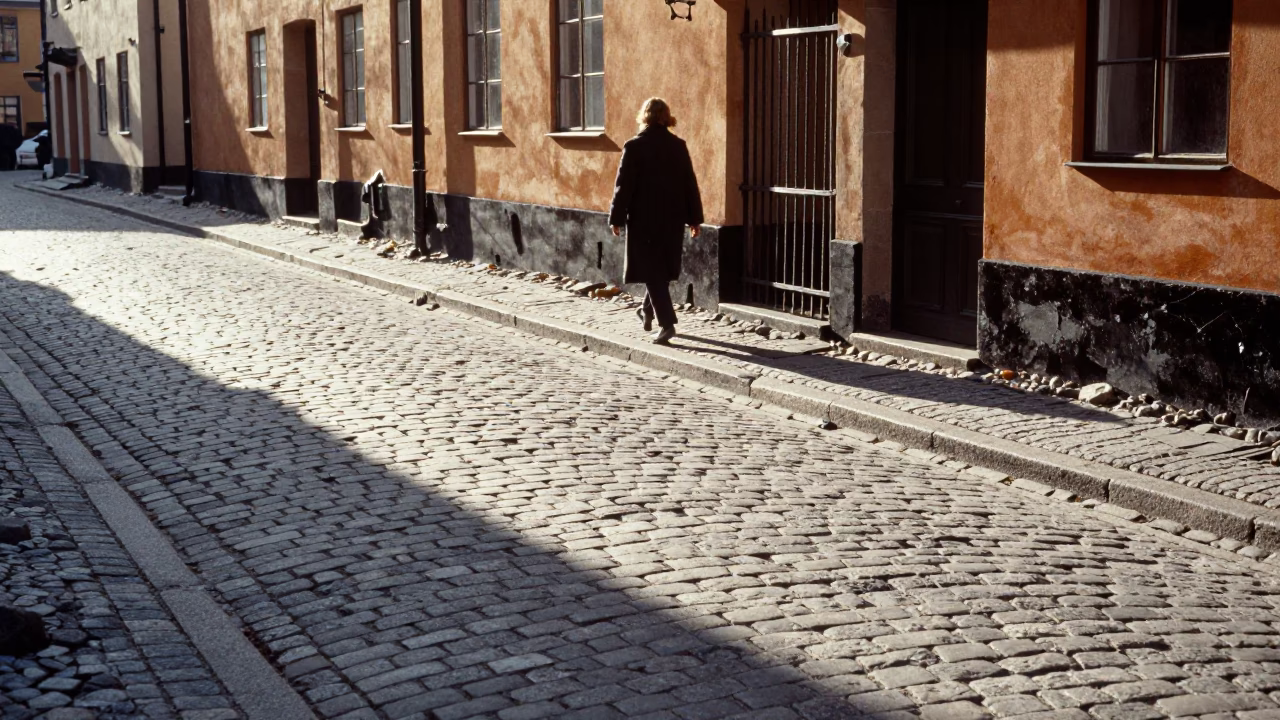 Late Morning Sunlight Striking Cobblestones in Stockholm Old Town Street Scene in in Stockholm, Sweden