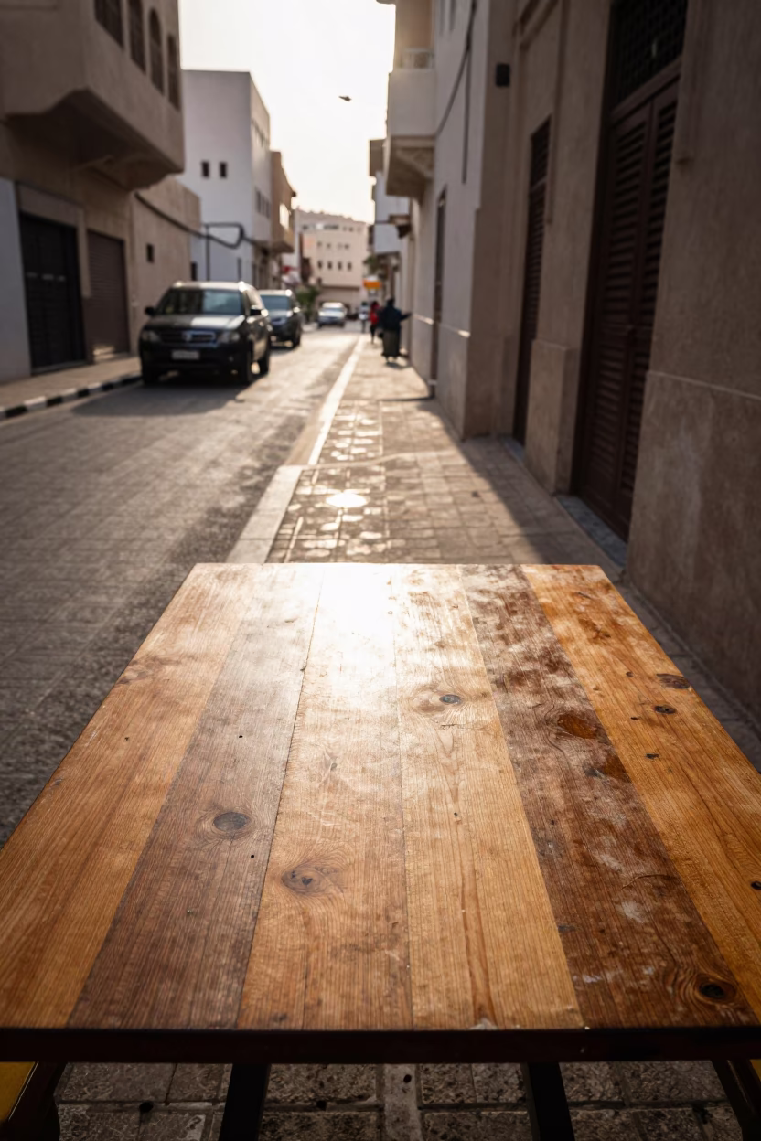 Late Morning Sunlight Striking Tabletop in Muscat Oman Street Scene in in Muscat, Oman