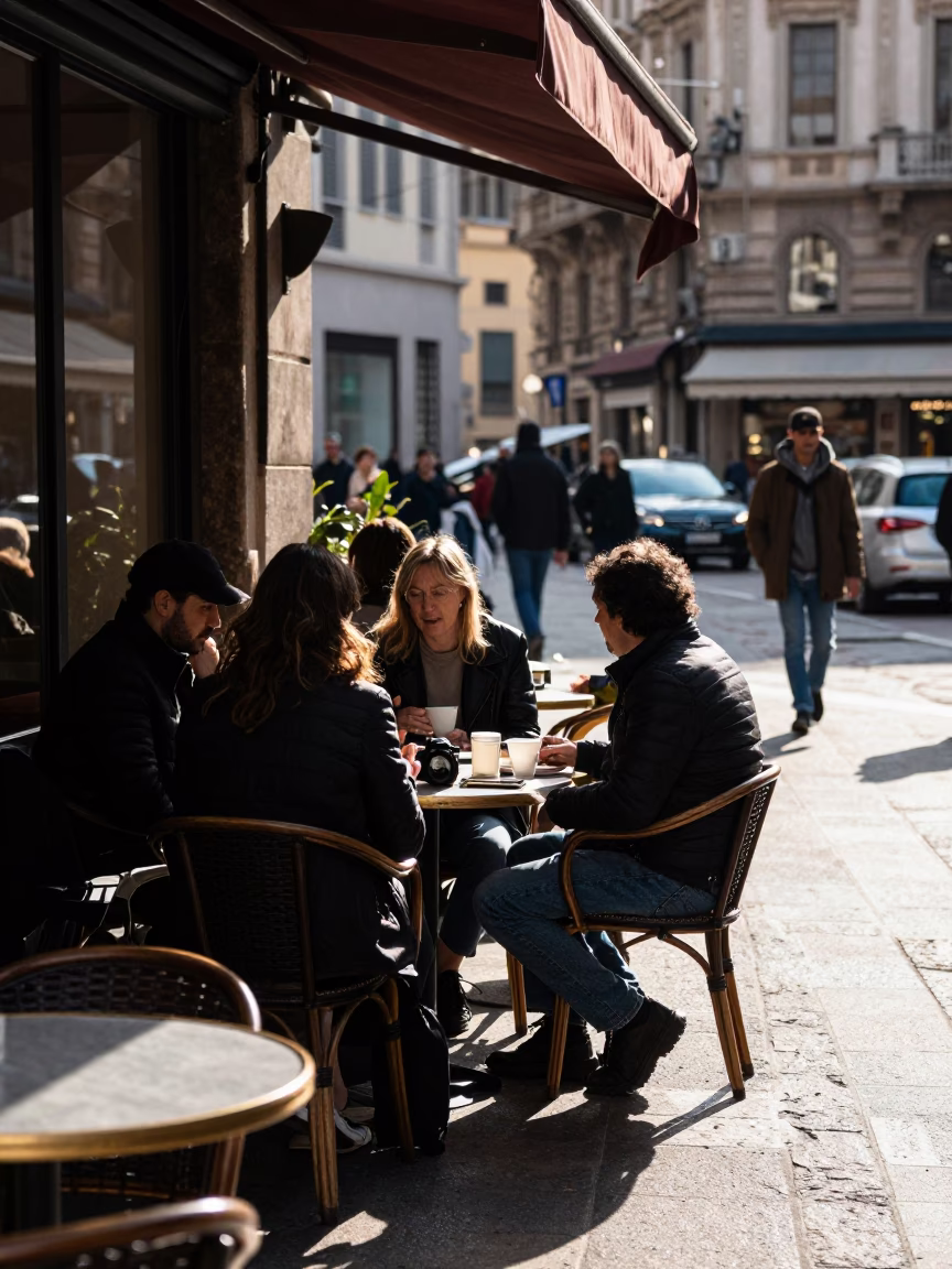 Late Morning Sunlight Striking Tray Corner in Milan Italy Street Scene in in Milan, Italy