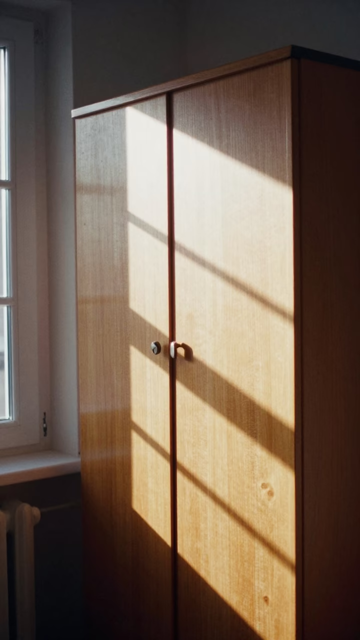 Late Morning Sunlight Stripes Across Cabinet Door with Water Rings in Stockholm Kitchen in in Stockholm, Sweden