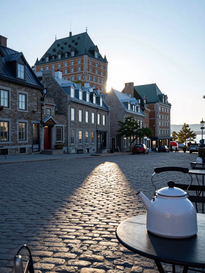 Late Morning Sunlight Stripes Across Cobblestones in Quebec City Old Port in in Quebec City, Quebec, Canada