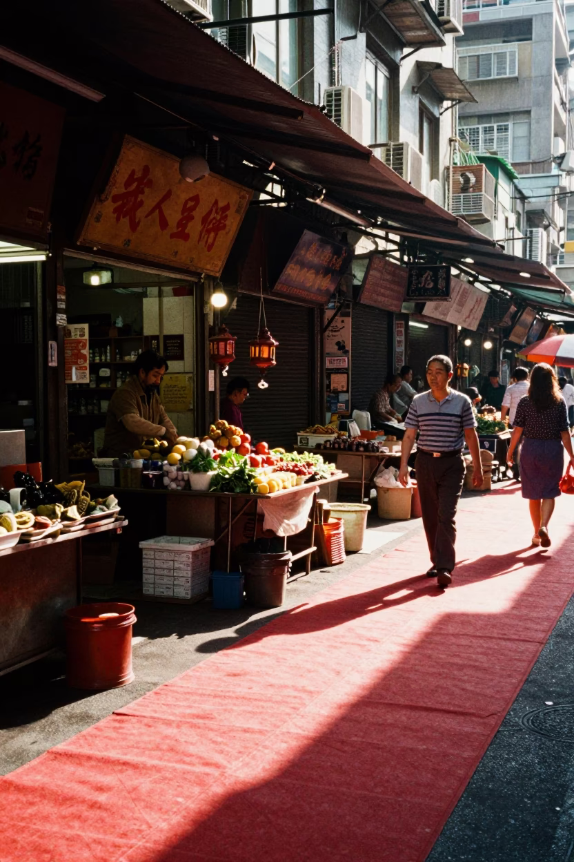 Late Morning Sunlight Stripes Across Taipei Street Market Runner and Fruit Crate Display in in Taipei, Taiwan