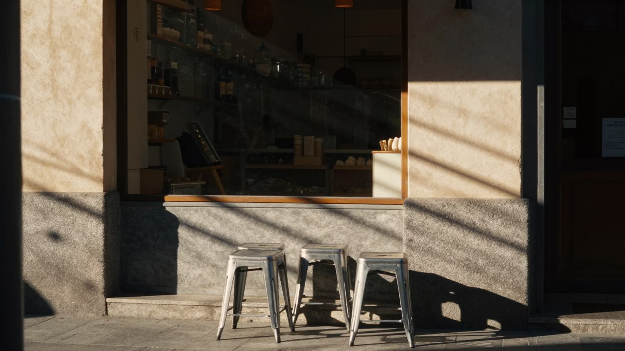 Late Morning Sunlight Stripes on Madrid Wall Near Bakery Metal Stools in in Madrid, Spain