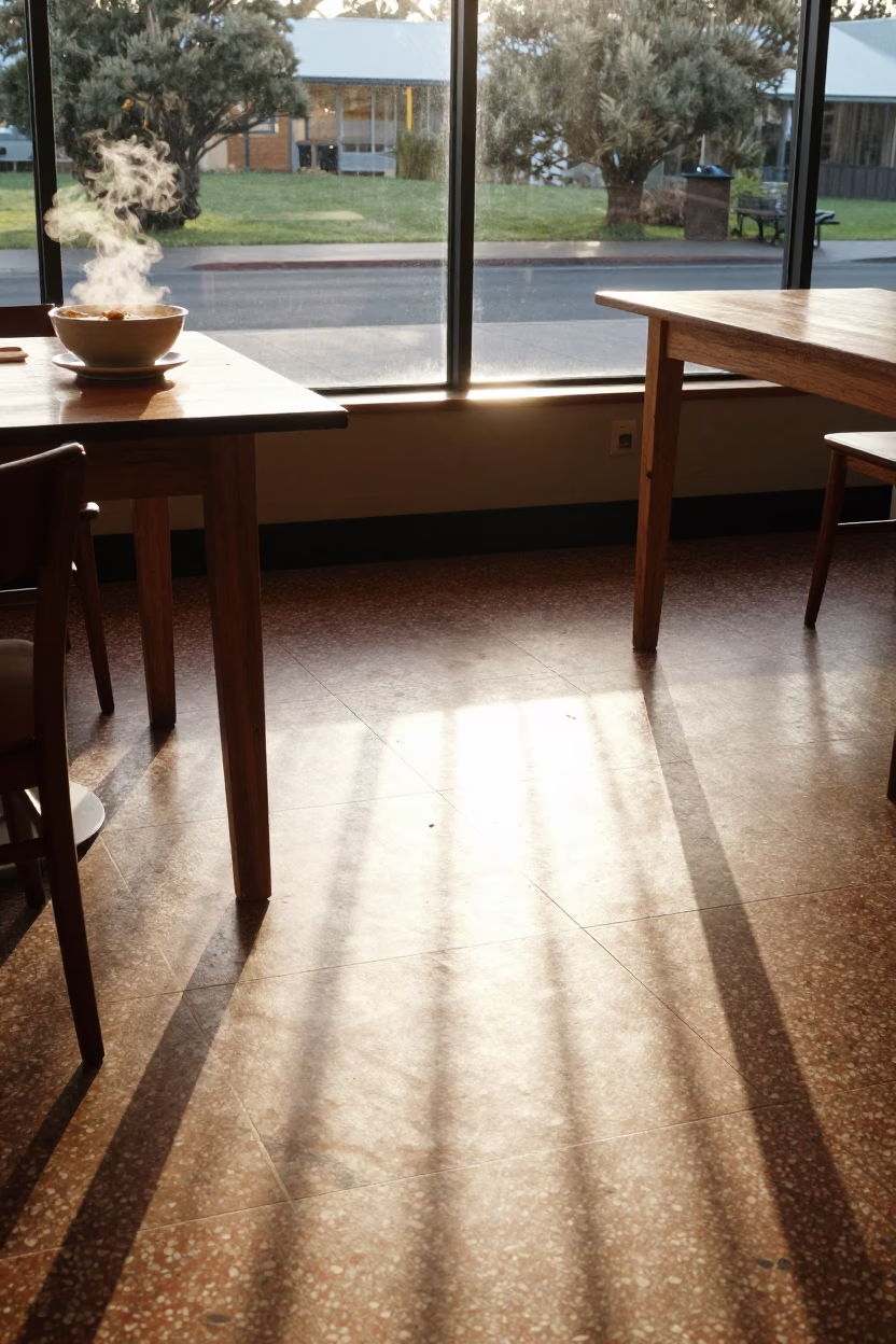 Late Morning Sunlight Stripes on Tile Floor in Historic Hobart Tasmania Cafe Interior in in Hobart, Tasmania, Australia