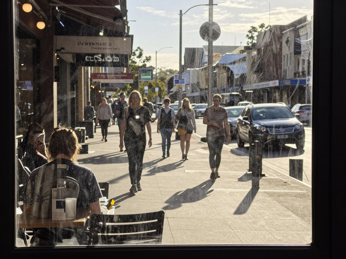 Late Morning Sydney Street Scene with Smudged Window Glass and Grapes in in Sydney, New South Wales, Australia