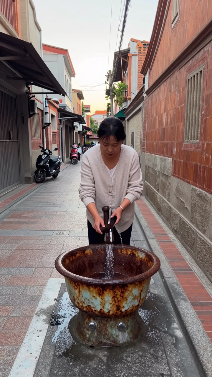 Late Morning Tainan Street Scene with Rusty Wash Basin and Local Daily Life in in Tainan, Taiwan