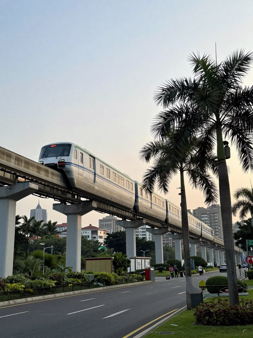 Late Morning Taipei Street Scene with Monorail and Palm Trees in in Taipei, Taiwan