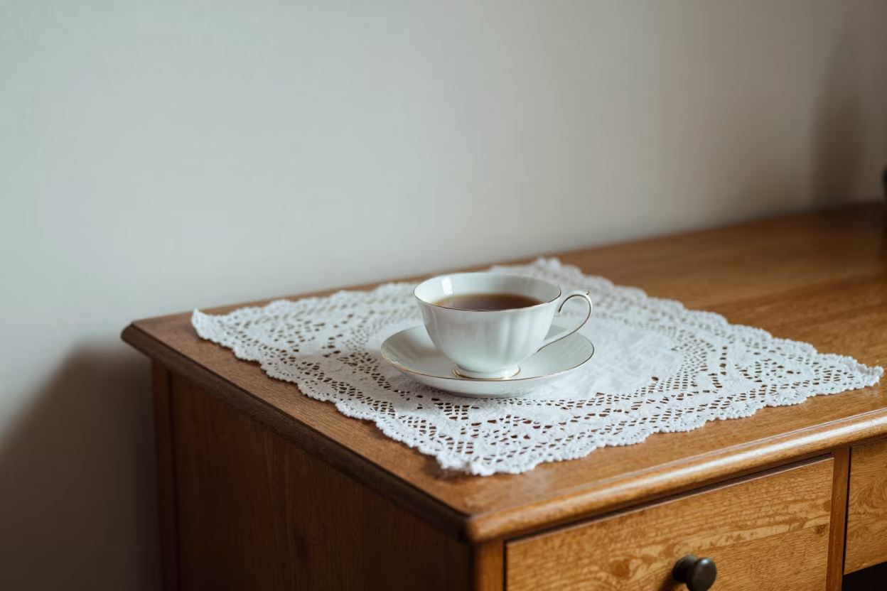 Late Morning Tea on Lace Tablecloth in on a writing desk in Buffalo