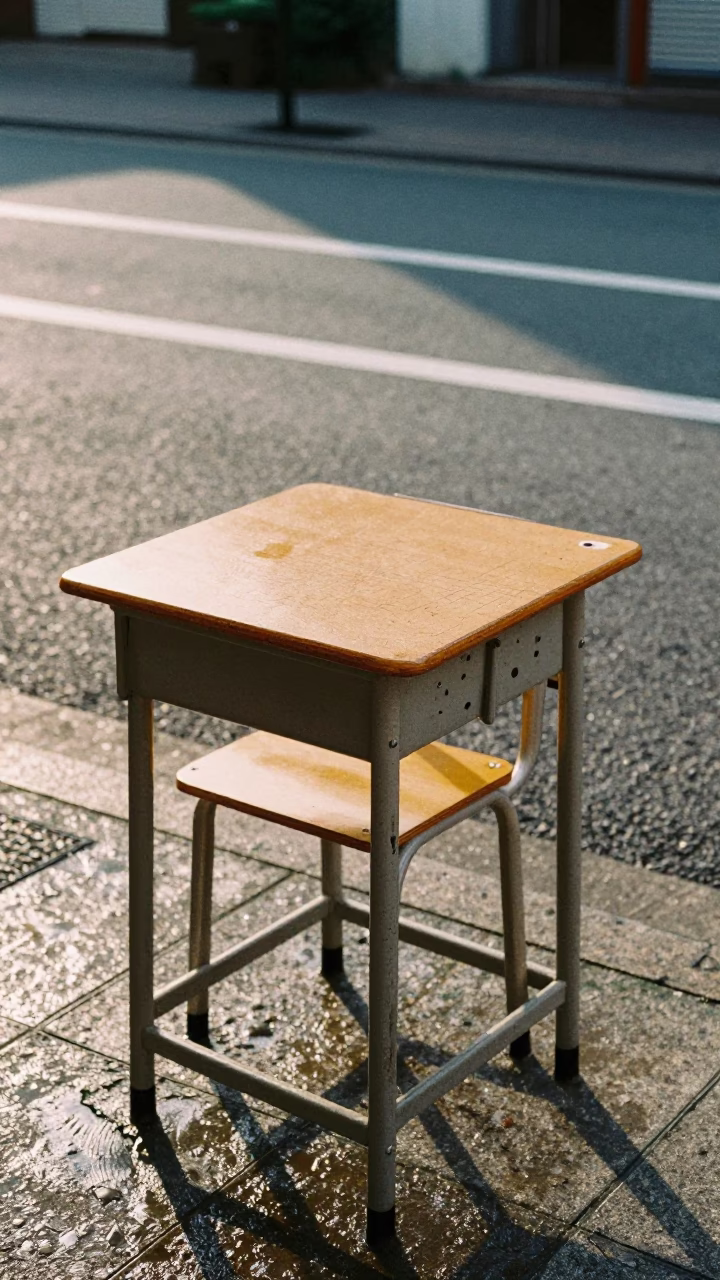 Late Morning Tokyo Street Scene with Exam Desk and Rain Streaked Classroom Window in in Tokyo, Japan