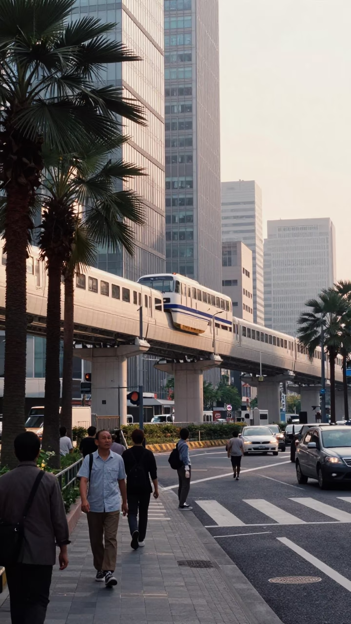 Late Morning Tokyo Street Scene with Monorail and Palm Trees in in Tokyo, Japan
