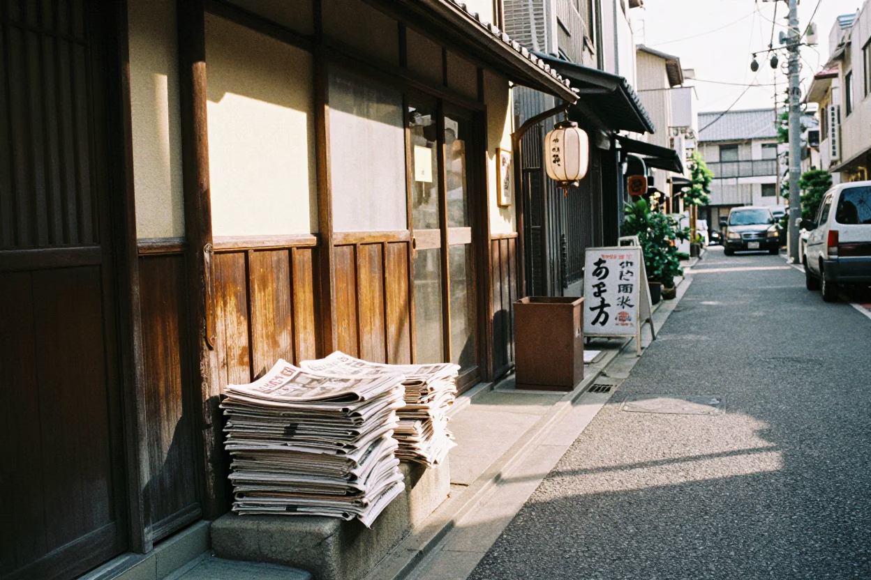 Late Morning Tokyo Street Scene with Newspaper Stacks and Aprons in in Tokyo, Japan