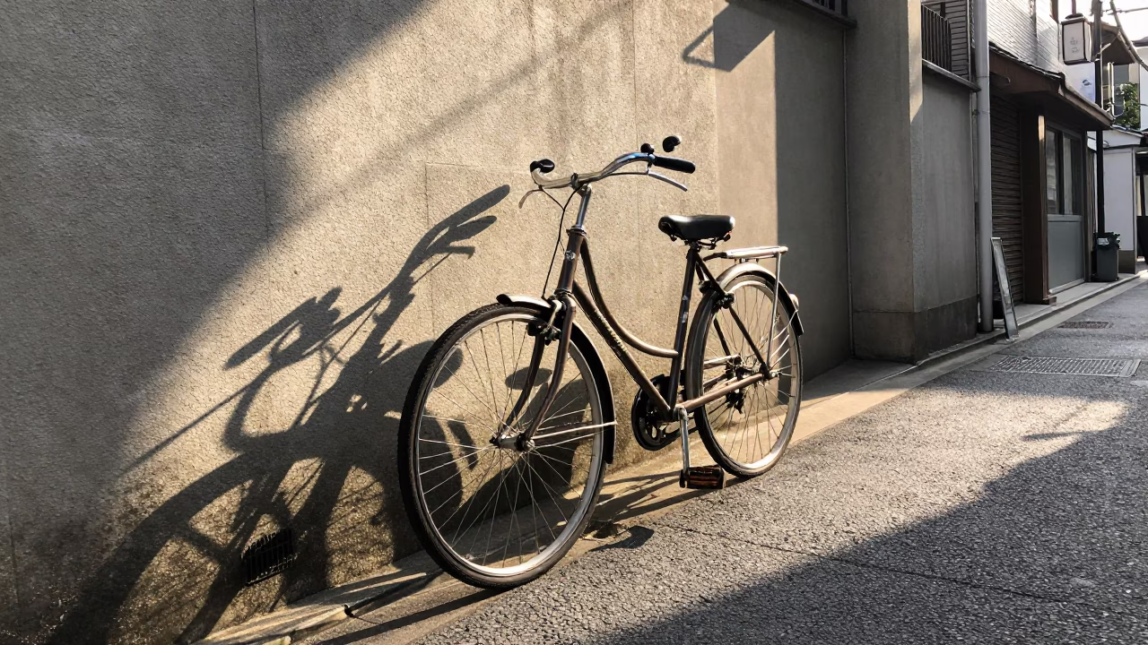 Late Morning Tokyo Street Scene with Vintage Bicycle and Traditional Architecture in in Tokyo, Japan