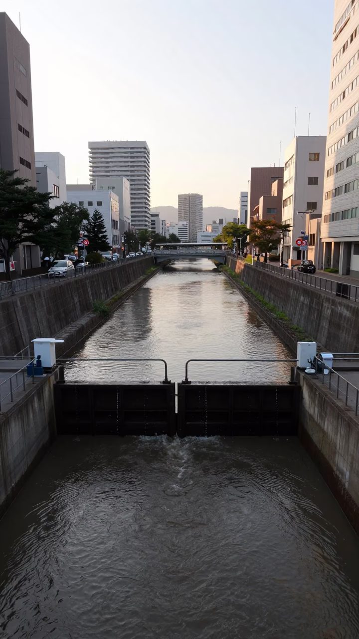Late Morning Urban Landscape of Fukuoka Japan with Canal and Greenery in in Fukuoka, Japan