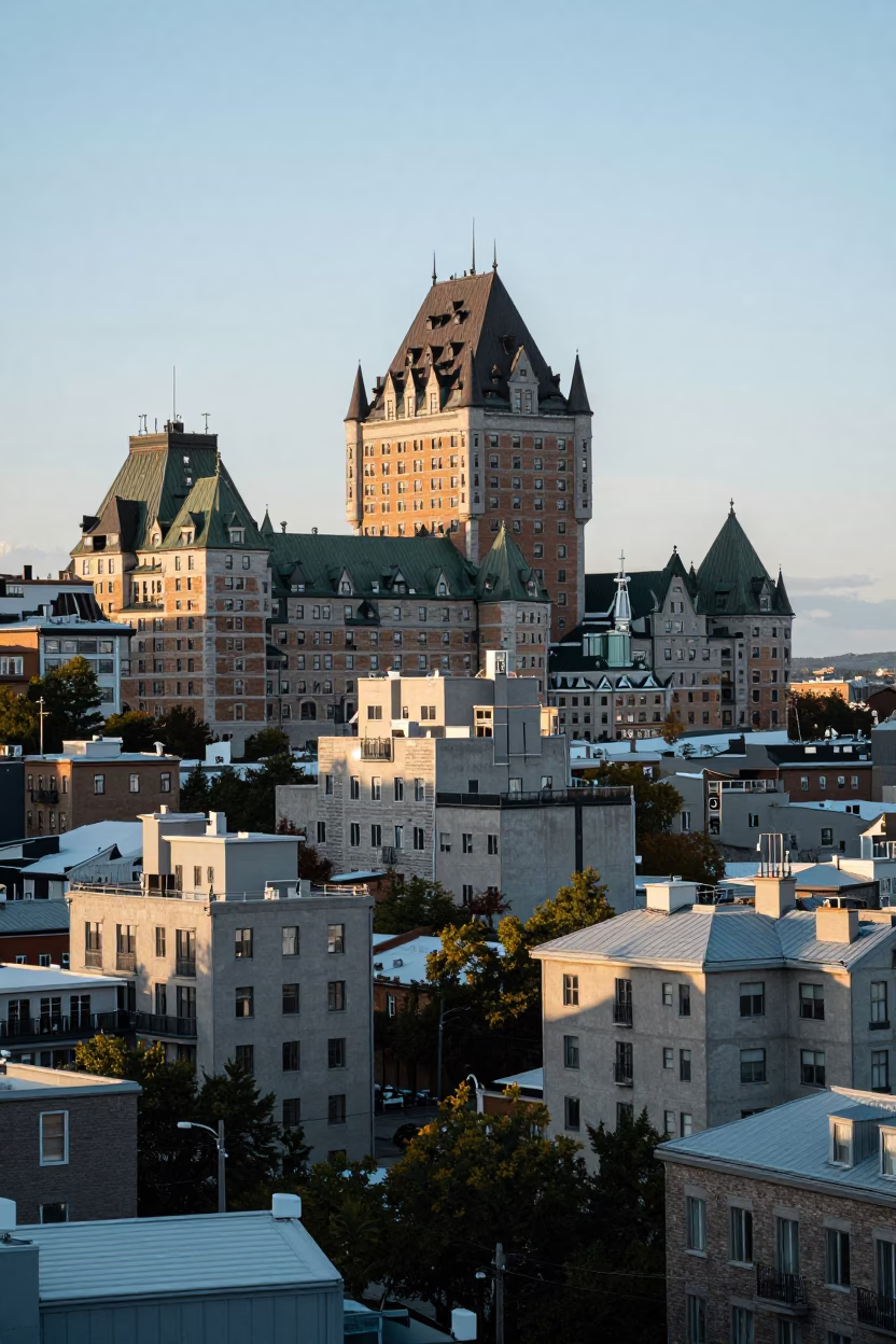 Late Morning Urban Landscape of Quebec City with District Heating Pipes and Concrete Architecture in in Quebec City, Quebec, Canada