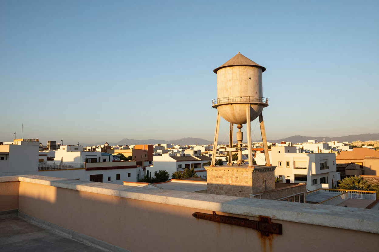 Late Morning Valencia Horizon Shot with Rooftop Water Tower and Urban Skyline in in Valencia, Spain