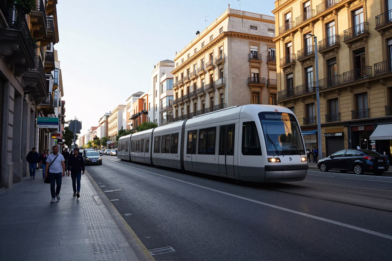 Late Morning Valencia Street Scene with Monorail and Balcony Details in in Valencia, Spain