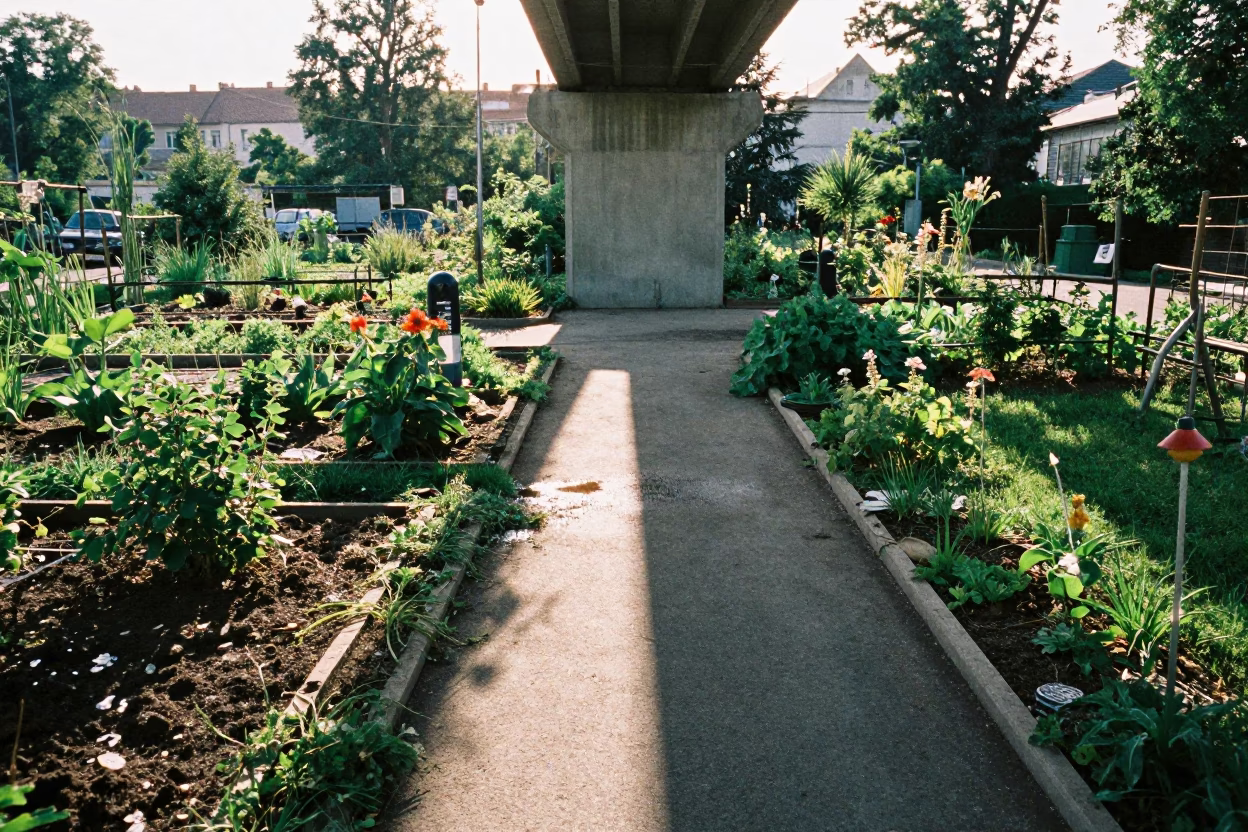 Late Morning Viaduct Shadow Over Budapest Allotment Gardens After Rain in in Budapest, Hungary