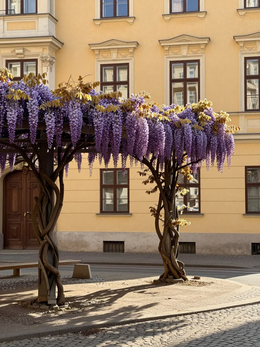 Late Morning Vienna Street Scene with Wisteria Tunnel and Classic Architecture in in Vienna, Austria