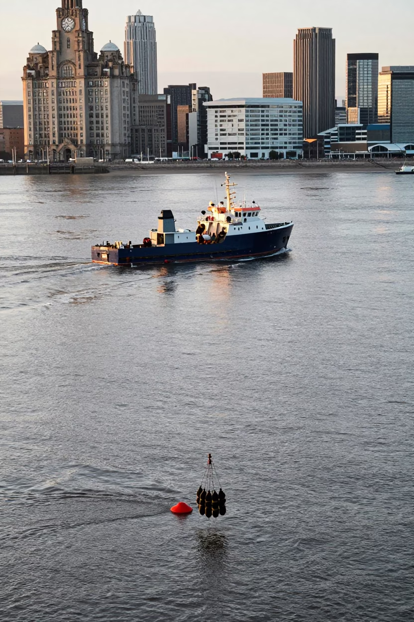 Late Morning View of Liverpool Waterfront with Maritime Activity and Urban Skyline in in Liverpool, United Kingdom