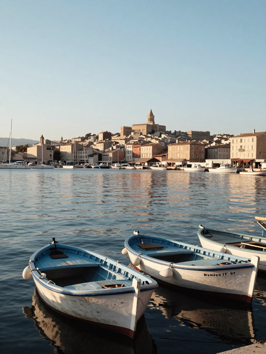 Late Morning View of Marseille Vieux Port with Old Fishing Boats and Blue Sky in in Marseille, France