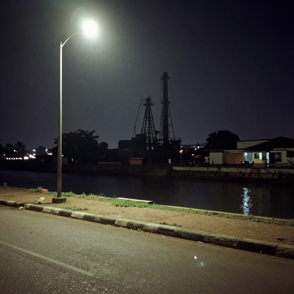 Late Night Accra Ghana Street Scene Pumping Station Canal Water Infrastructure in in Accra, Ghana