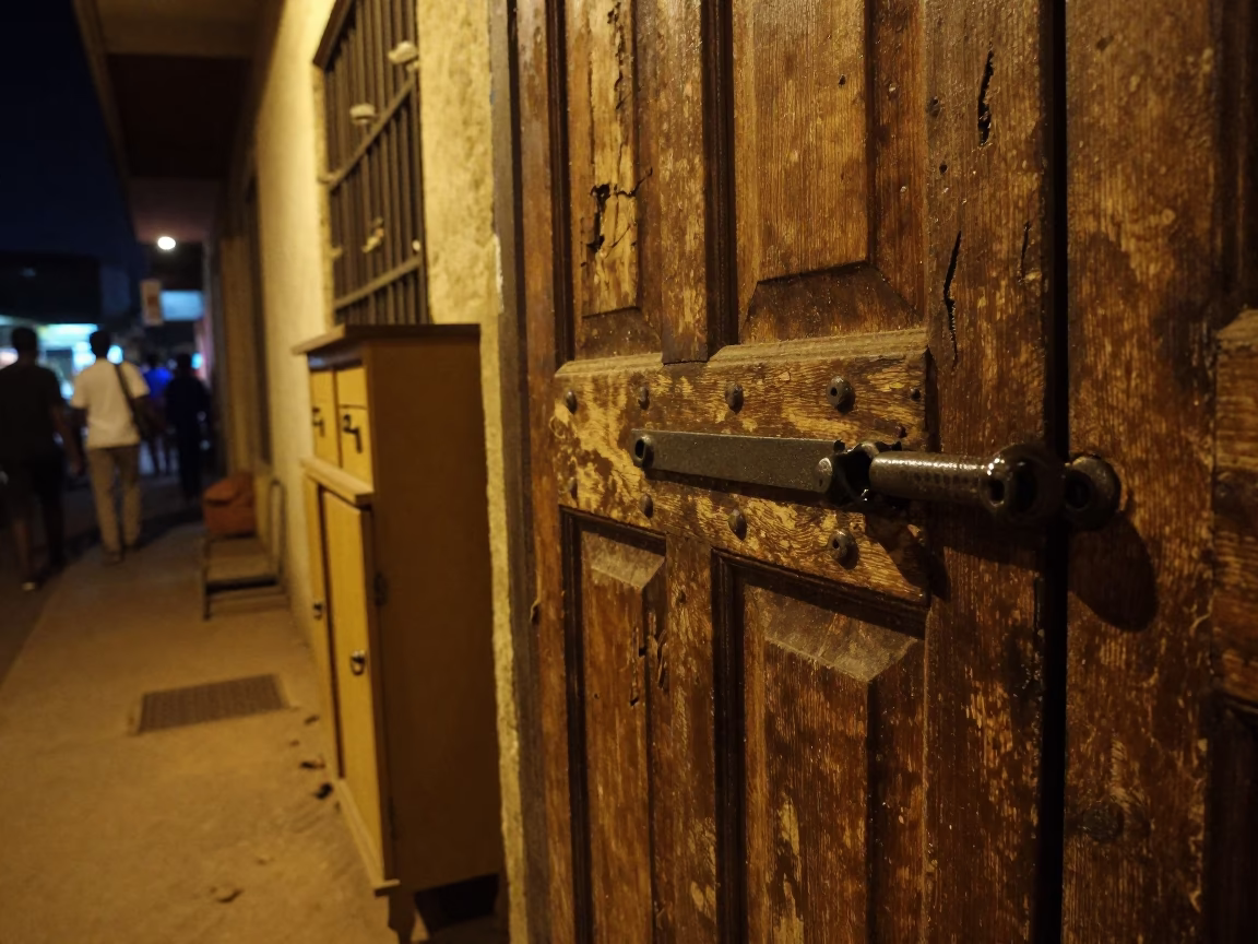 Late Night Accra Ghana Street Scene with Deadbolt and Cupboard Doors Illuminated by Streetlamp in in Accra, Ghana