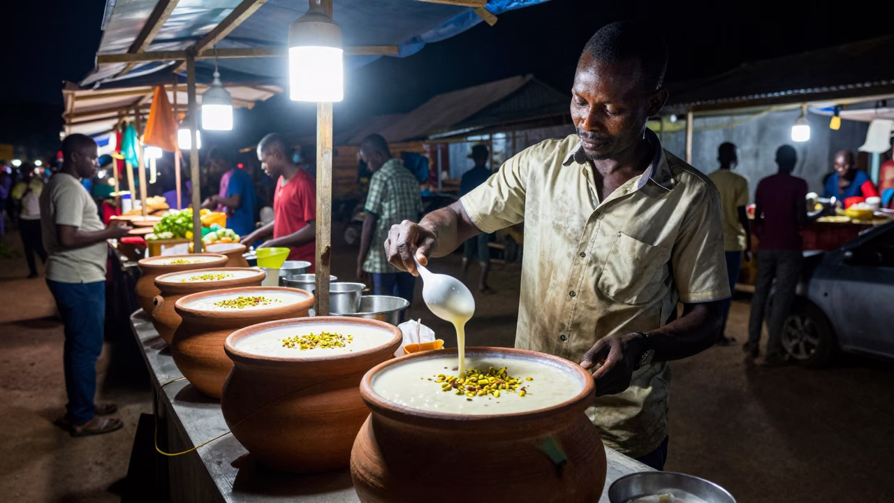 Late Night Accra Street Food Stall with Terracotta Pot and Kheer Sagar Pistachios in in Accra, Ghana