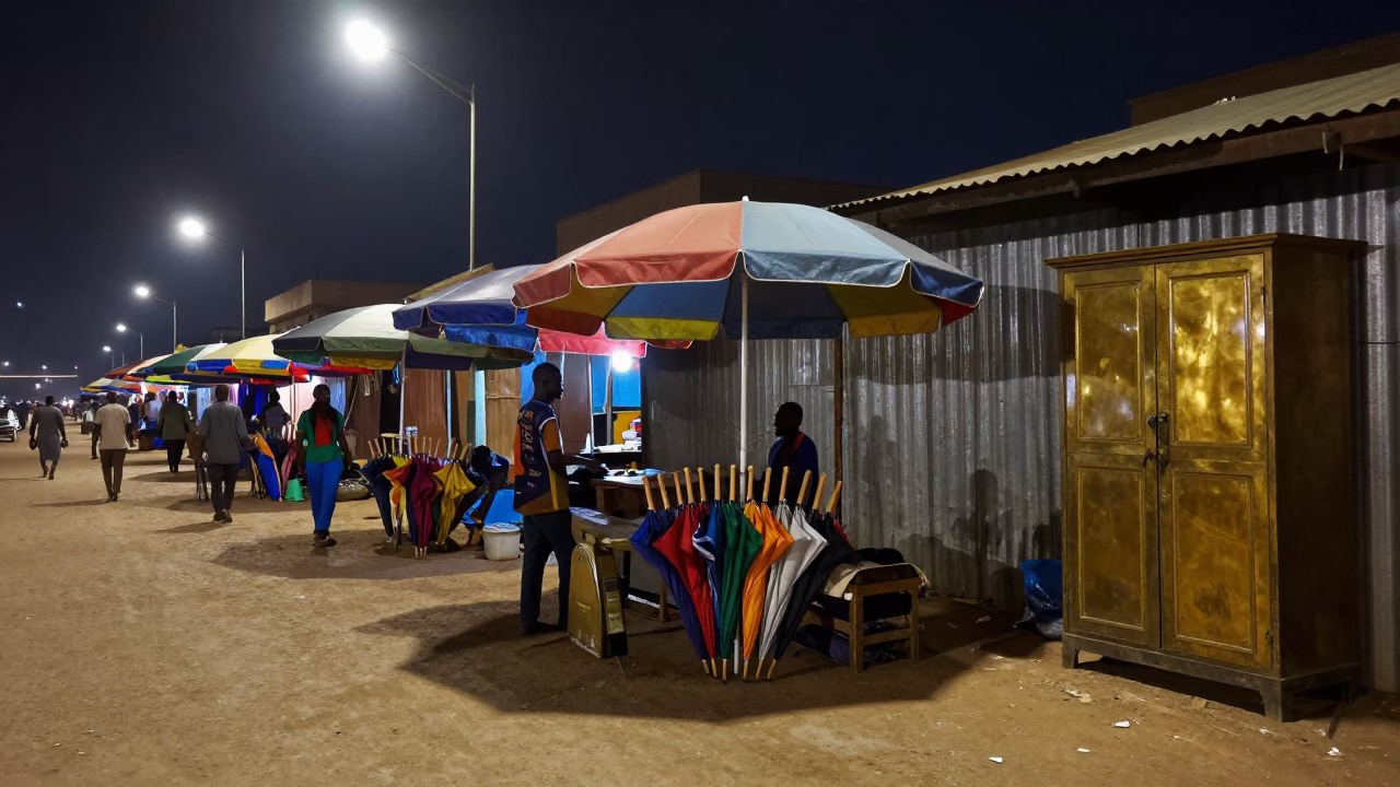 Late Night Accra Street Market Scene with Umbrellas and Brass Details in in Accra, Ghana