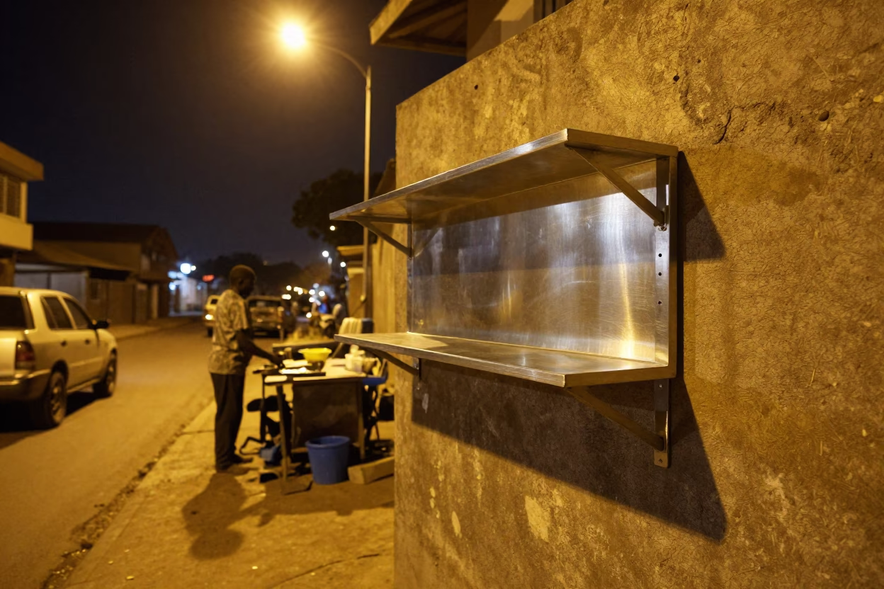 Late Night Accra Street Scene with Brushed Steel Shelf and Terracotta Pot in Ghana in in Accra, Ghana