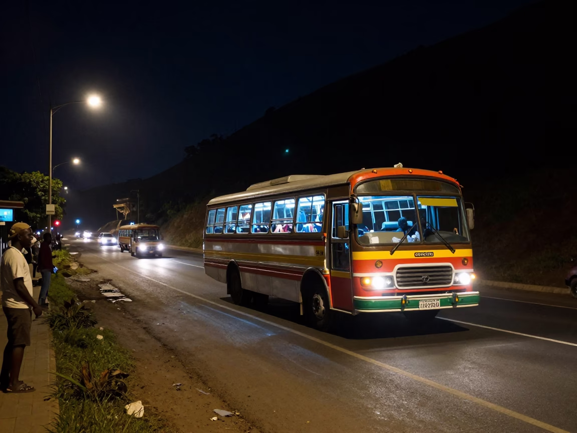 Late Night Accra Street Scene with Classic Bus and Local Activity in in Accra, Ghana