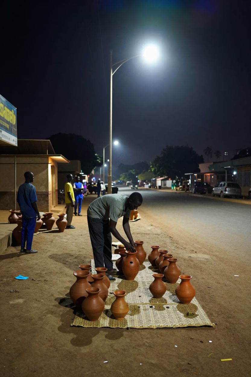 Late Night Accra Street Scene with Clay Pots and Porcelain Detail in in Accra, Ghana