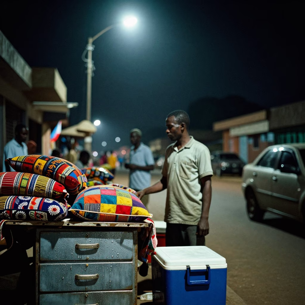 Late Night Accra Street Scene with Colorful Textiles and Local Market Activity in in Accra, Ghana