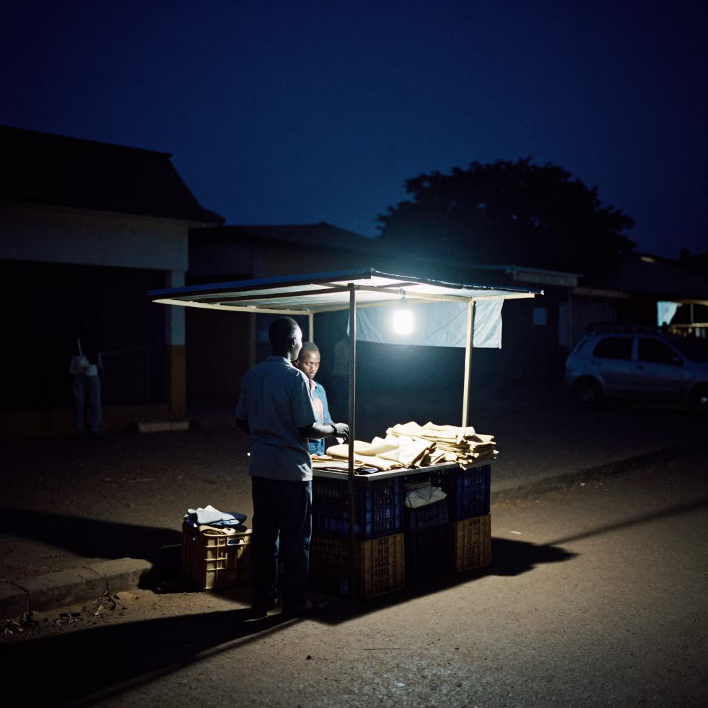 Late Night Accra Street Scene with Crate and Linen Under Night Sky in in Accra, Ghana