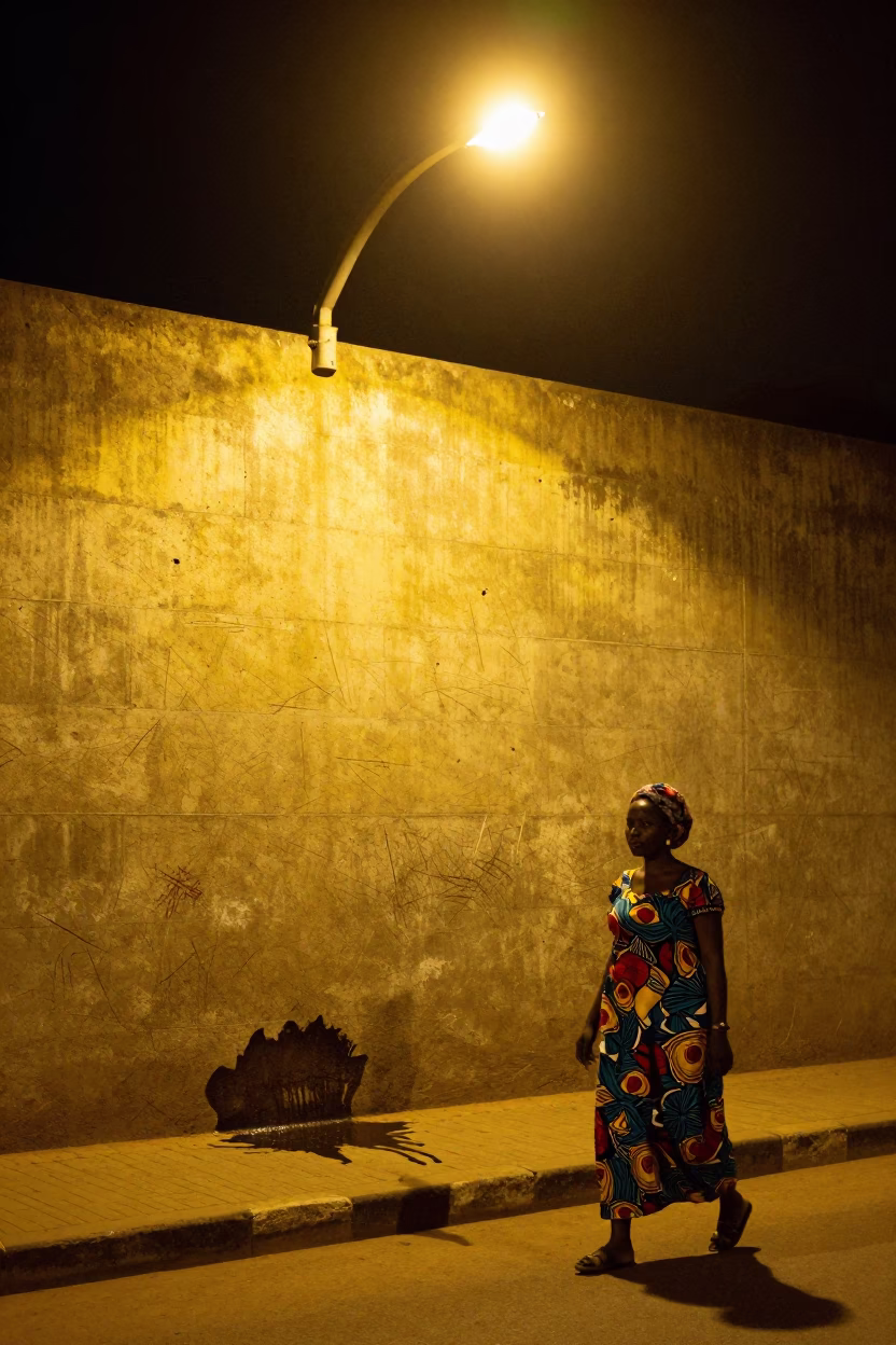 Late Night Accra Street Scene with Grease Sheen and Scratches on Wall in in Accra, Ghana