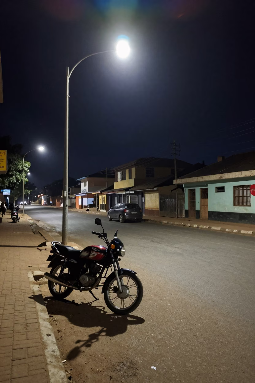 Late Night Accra Street Scene with Motorcycle and Woven Mats in in Accra, Ghana