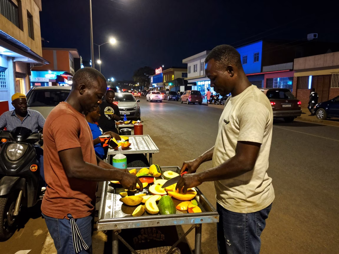 Late Night Accra Street Scene with Neon Lights and Local Vendor in in Accra, Ghana