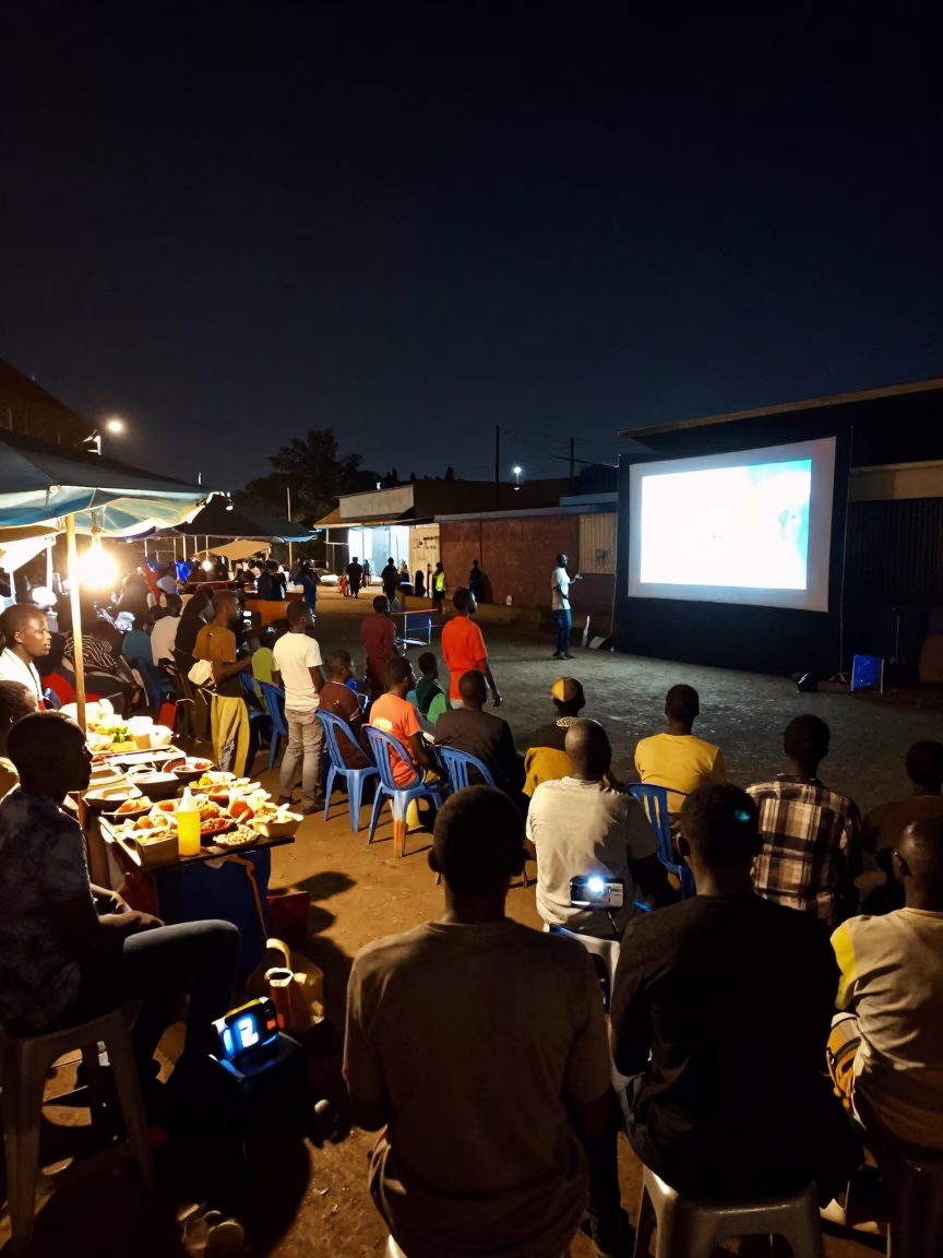 Late Night Accra Street Scene with Outdoor Cinema and Vintage Nautical Chart Detail in in Accra, Ghana