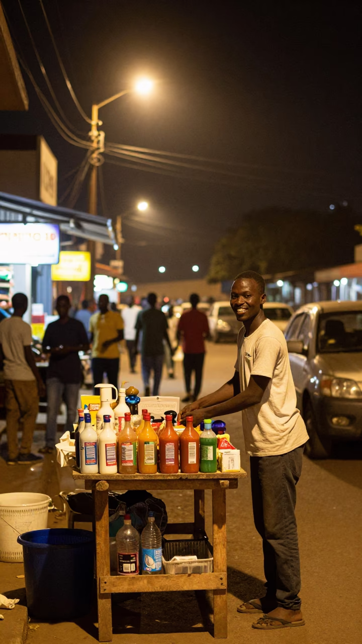 Late Night Accra Street Scene with Soap Bottle and Local Interaction in in Accra, Ghana