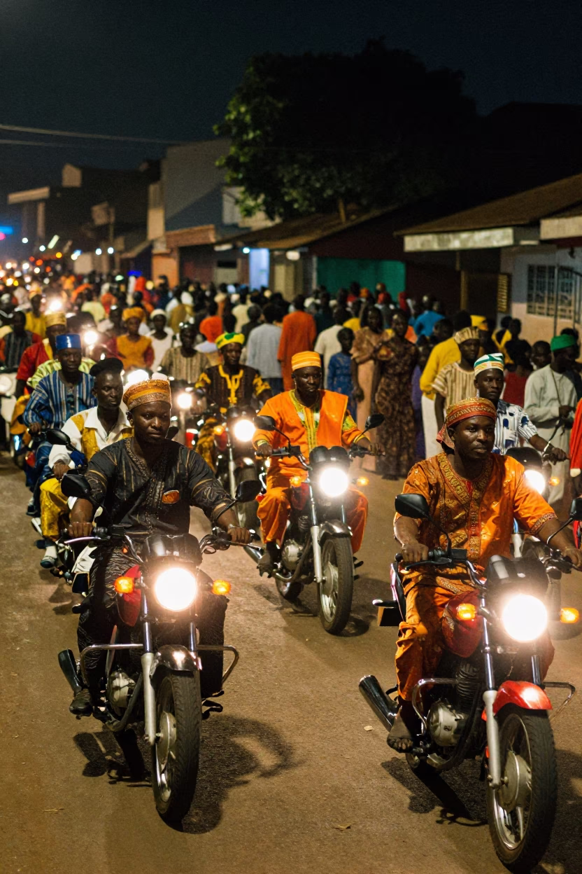 Late Night Accra Street Scene with Traditional Wedding Procession and Urban Infrastructure in in Accra, Ghana