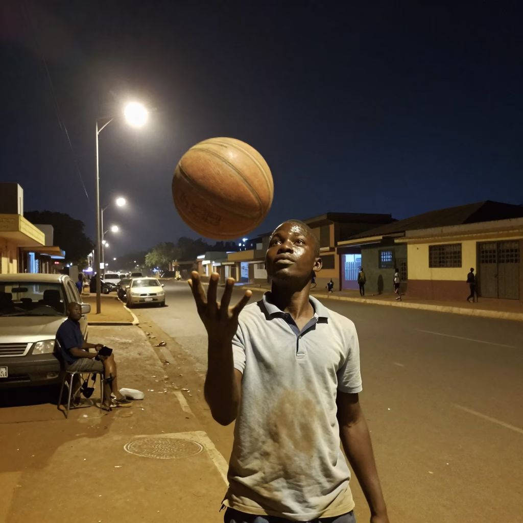 Late Night Accra Street Scene with Vintage Basketball and Local Interaction in in Accra, Ghana