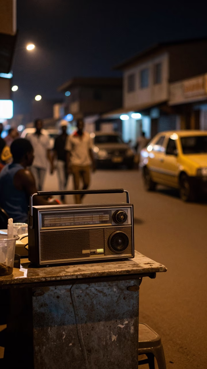 Late Night Accra Street Scene with Vintage Radio and Cracked Stucco Walls in in Accra, Ghana