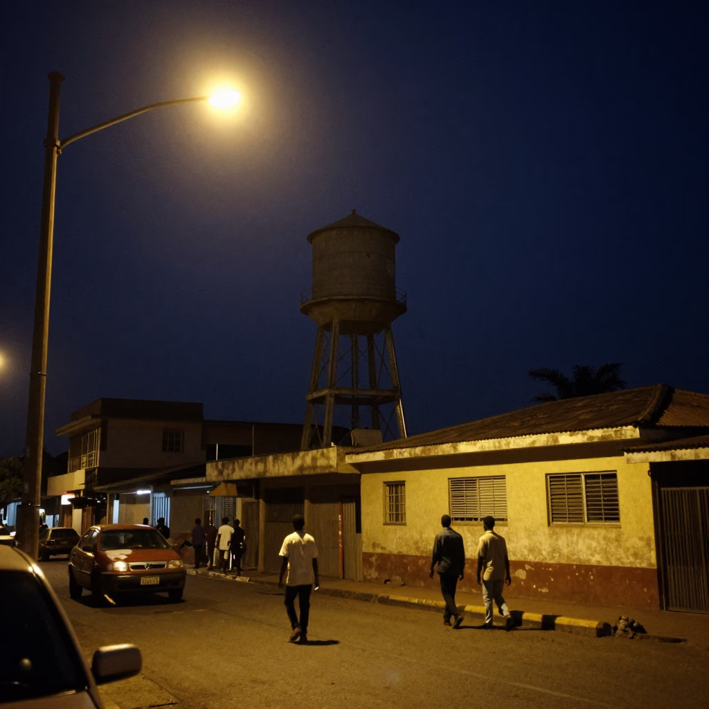 Late Night Accra Street Scene with Water Tower and Urban Activity in in Accra, Ghana