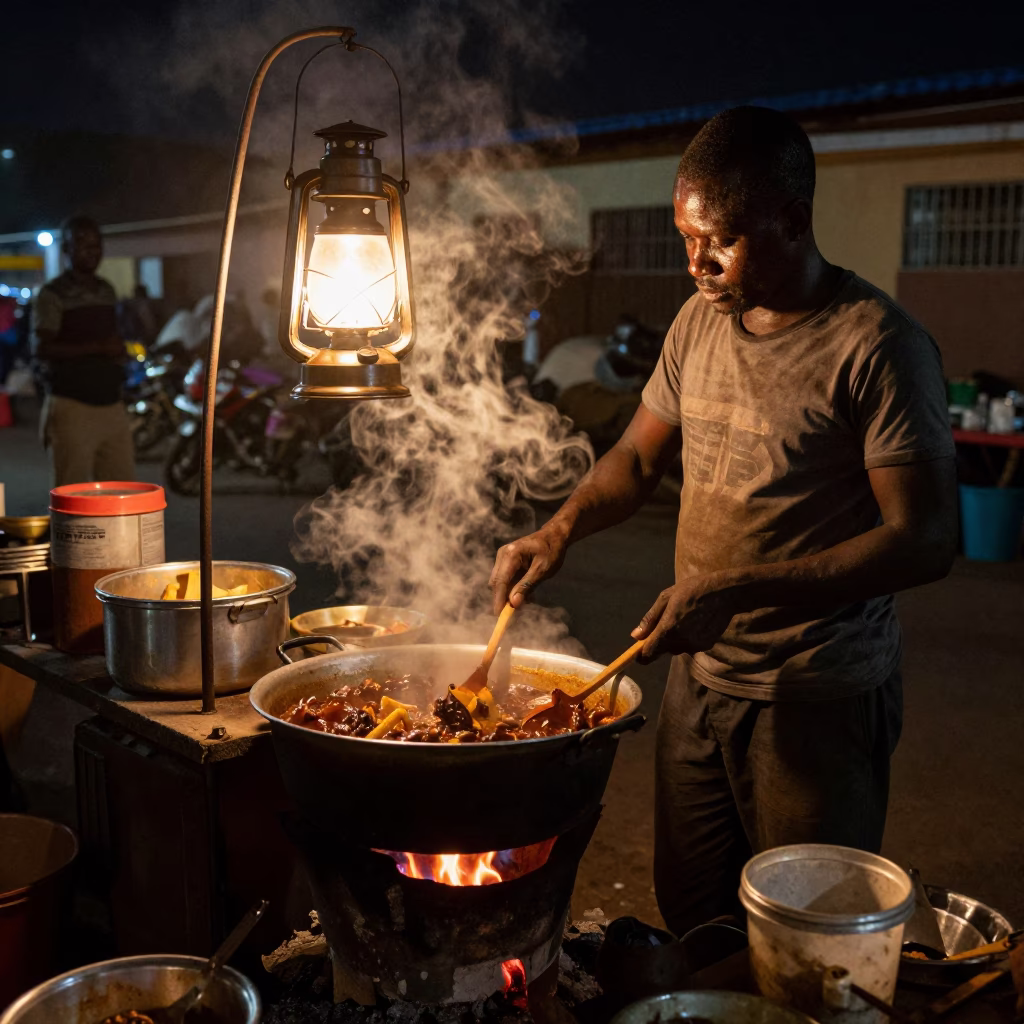 Late Night Accra Street Vendor Cooking with Gas Lamp and Ceramic Pots in in Accra, Ghana