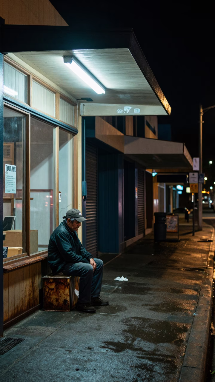Late Night Adelaide South Australia Street Scene with Shopkeeper and Rusty Hinge in in Adelaide, South Australia, Australia