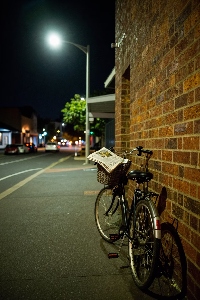 Late Night Adelaide Street Scene with Bicycle Basket and Rusty Drain Detail in in Adelaide, South Australia, Australia