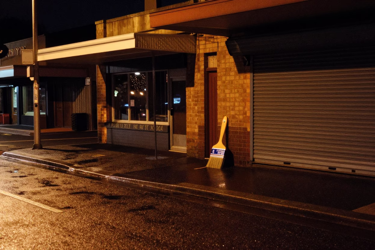 Late Night Adelaide Street Scene with Brush and Steel Kettle Detail in in Adelaide, South Australia, Australia