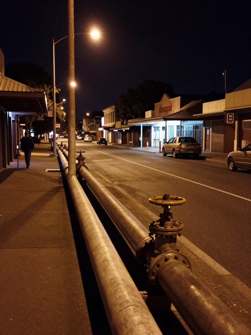 Late Night Adelaide Street Scene with District Heating Pipes and Urban Infrastructure in in Adelaide, South Australia, Australia
